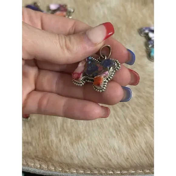 Native American Sterling Silver SW Pink Dahlia Turquoise Cow Sheep Bull Pendant